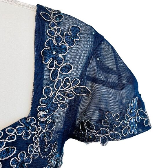 XSCAPE‎ Blue Sheer Cap Sleeve Floral Dress Gown 10 Tiered Ruffles Wedding Prom - Picture 8 of 16